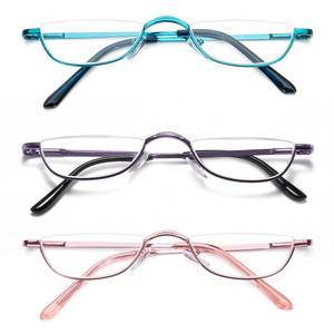 lot 12304 image: DXYXYO Small Half Frame Reading Glasses for Women 2.5, 3 Pack Half Moon Metal Readers with Spring Hinge, Purple Blue Pink