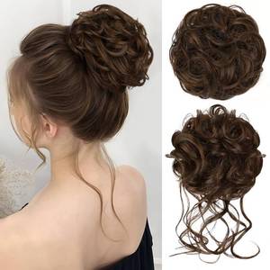 lot 12313 image: HMD 2PCS Messy Bun Hair Piece Curly Wavy Hair Bun with Elastic Rubber Band Synthetic Chignon Updo Fake Bun Hair Scrunchies for Women