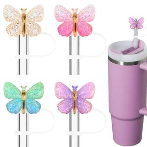lot 12329 image: Amreich Epoxy Bow Straw Toppers for Stanley Cups -4PCs Cute Straw Cover Caps Silicone Stanley Cup Accessories Compatible with 12 20 30 40 Oz Tumblers in Pink Black White Yellow with Storage Case