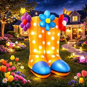 lot 13985 image: Leyndo 6 ft Spring Inflatable Easter Inflatables Outdoor Decoration Blow up Boots Flower Decorations, Built-in LED Lights for Spring Summer Outdoor Garden Lawn Yard Party