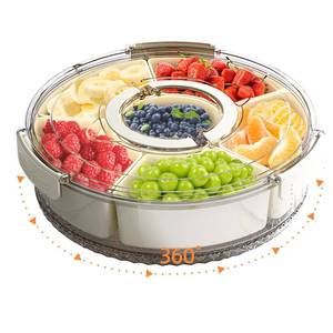 lot 13986 image: riyeloi Divided Serving Tray with Lid and Handle, Stackable Snackle Box Container for Fruits Candy Organizer, Portable Spinning Rounded Veggie Tray for Kitchen, Party, Trave and Picnic-1 PACK