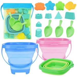 lot 1137 image: RACPNEL Collapsible Beach Toys for Kids, 3 Pack Foldable Sand Buckets and Shovels Set with Mesh Bag, Silicone Pails for Beach Travel Essentials, Easter Egg Hunt, Sand Toys Molds for Kids and Toddlers