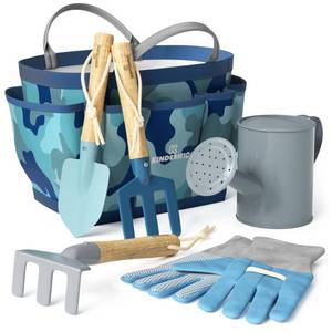 lot 1139 image: Kinderific Gardening Set, Tool Kit, for Kids, STEM, Includes Tote Bag, Spade, Watering Can, Rake, Fork, Trowel and Gloves (Camo Quest)