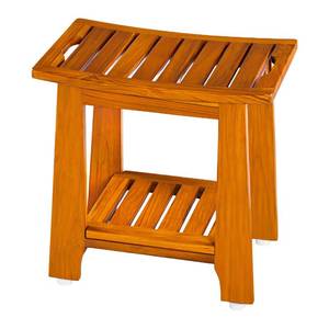 lot 1144 image: 14in. Compact Teak Shower Stool with Shelf & Handle - Waterproof, Non-Slip Bath Bench for Small BathroomsTubOutdoor Use, 300 lbs Capacity (Patented)