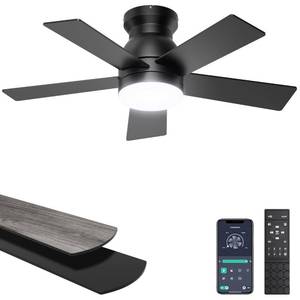 lot 1145 image: Ohniyou Ceiling Fans with Lights, 52 Inch Low Profile Ceiling Fan with Light and RemoteAPP Control, Flush Mount, Dimmable, Qiuet DC Motor, Black Ceiling Fan for Bedroom, Living Room