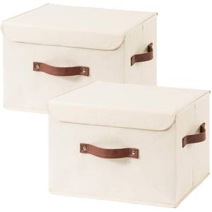 lot 1149 image: HYVAKUPPA 2PCS Collapsible Storage Boxes Baskets with Lid Cotton Linen Fabric Storage Bins with Faux Leather Handles Washable Cube Organizer Container for Home Closet Bedroom (Beige, Large Size)