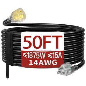 lot 1176 image: 50 FT 143 Extension Cord Outdoor, Heavy Duty Weatherproof & Flame Retardant Black 3 Prong Power Cord with Light, Outside for Lawn & Garden, 15 Amps 1875 Watts 125 VAC 14AWG SJTW, ETL Listed