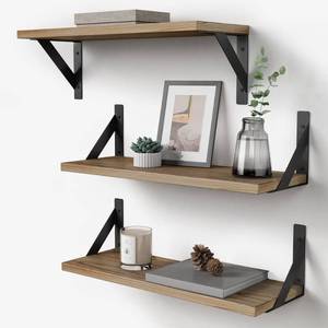 lot 1185 image: Floating Shelves with Black Metal Brackets Set of 3, Light Wood Wall Bookshelf for Bedroom Over Desk Bed, Hanging Shelf for Office Kitchen Living Room, Bathroom Over Toilet (Natural Color)