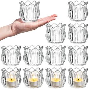 lot 1187 image: Elsjoy Set of 12 Tulip Glass Votive Candle Holders, Decorative Tea Light Candle Holders, Clear Glass Flower Tealight Candle Holder for Table Centerpieces, Wedding Decor
