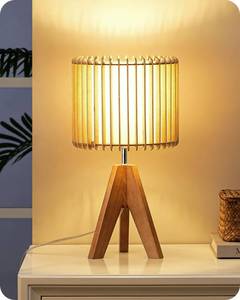 lot 1190 image: EDISHINE 14.17in. Small Table Lamp, Wood Tripod Bedside Lamp, Natural Wood-Colored Hollow & White PVC Shade, E26 Base, Boho Nightstand Lamp for Bedroom, Living Room, Office, Study