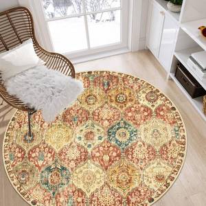 lot 1192 image: Lahome Moroccan Trellis Washable Round Area Rug, Round Rug 5ft Soft Non-Slip, Non-Shedding Distressed Circle Carpet for Bedroom Living Room Bathroom Nursery Kitchen Elise, RedOrange