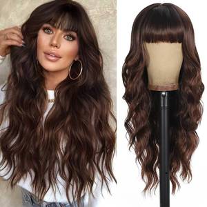 lot 2312 image: UNNYMGER Glossy brown Wig with Bangs Long Curly Wig for Women Long brown Wavy Wigs skin-friendly synthetic fibersc for festival holiday Use 26IN