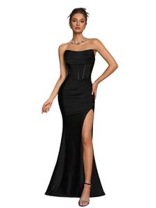 lot 2335 image: AOSHABABI Womens Cocktail Dresses Elegant Black Strapless Slit Mermaid Evening Dresses for Wedding Guest