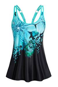 lot 2358 image: Tankini Tops for Women Flowy Swim Top Removable Padded Loose Fit Modest Bathing Suits No Bottom Blue Floral Large