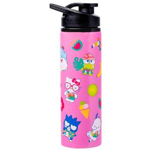 lot 2377 image: Silver Buffalo Sanrio Hello Kitty and Friends Tropical Stainless Steel Water Bottle Featuring Keroppi, Tuxedo Sam, Badtz-Maru, and Pochacco, 25 Ounces