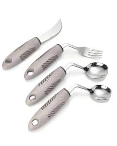 lot 2442 image: 4-Piece Adaptive Utensils Set with Rocker Knife & Shovel Spoon - 42° Angled Parkinsons Utensils, 2.5 oz Weighted Silverware for Hand Tremors and Arthritis, Adaptive Eating Utensils (Grey Left-Handed)
