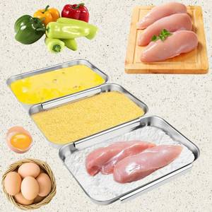 lot 3685 image: 3-Piece Stainless Steel Breading Set �� Interlocking Coating Trays for Chicken, Fish, Meat  Non-Slip, Dishwasher Safe, Oven Safe  Stackable Space-Saving Design for Flour, Egg (L-10.6in. x 6.2in.)