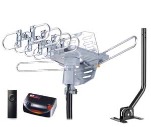 lot 3695 image: PBD Amplified Outdoor TV Antenna with 360° Motorized Rotation, UHFVHF Long-Range Reception, Remote Control, Mounting Pole & 40FT RG6 Cable, Dual TV Outputs, Supports 4K1080P Smart & Older TVs