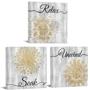 lot 3707 image: Apicoture Gold Grey Mandala Wall Art Bathroom Decor Relax Soak Unwind Quote Art Prints Artwork Picture Framed For Walls 12in.x12in.x3 Panels