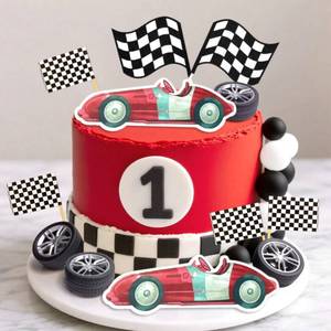 lot 4330 image: JeVenis Race Car Cake Decorations Car Cake Topper Checkered Flag Cake Topper Growing Up Two Fast One Fast Three Need Four Speed Birthday Decorations