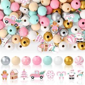 lot 4373 image: Whaline 220Pcs Christmas Wooden Beads 16 Styles Pink Xmas Pattern Decorative Wood Beads Multi-Color Round Loose Beads for Tried Tray Winter Farmhouse Decor DIY Crafts
