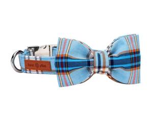 lot 4374 image: Lionet Paws Boy Dog Collar with Bowtie, Comfortable Adjustable Cute Blue Plaid Bow Tie Collar for Male Dogs Gift, Large, Neck 16-24 inches