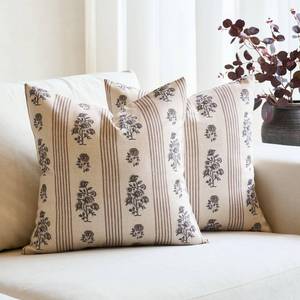 lot 4380 image: Amor Virisso Floral Throw Pillow Covers 22x22 Set of 2 Block Print Pillow Covers Neutral Floral Striped Farmhouse Decorative Pillow Covers for Sofa Couch Bed, Brown
