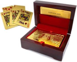 lot 4386 image: Luxury 24K Gold Foil Poker Playing Cards�� Poker Gifts with Wooden Box Waterproof Metal Playing Deck of Cards for Men Party -Camping - Birthday