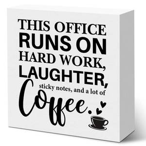 lot 4387 image: Farmhouse Office Desk Accessories Wooden Box Sign, Positive, This Office Runs on Hard Work Wooden Sign Decorations for Table Shelf, Tabletop Coffee Decor