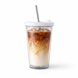 lot 4390 image: SEFAONUR Reusable Iced Coffee Cup 16 Oz, Leakproof Iced Coffee Tumbler, Clear Plastic Tumbler with Lid and Straw, Double Wall Insulated, BPA-Free, No Sweat, for Hot and Cold Drinks