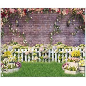 lot 4399 image: Swepuck 10x8ft Fabric Easter Spring Garden Photography Backdrop Flower Fence Rose Pink Brick Wall Background Floral Kids Newborn Baby Portrait Photo Booth Props