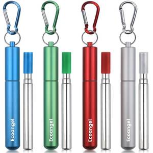 lot 4406 image: Ecoangel Cruise Ship Essentials,4-Pack reusable Collapsible Stainless Steel Drinking Straws with Aluminum Case,Cleaning Brush,and Keychains-Silver,Blue,Red,Green