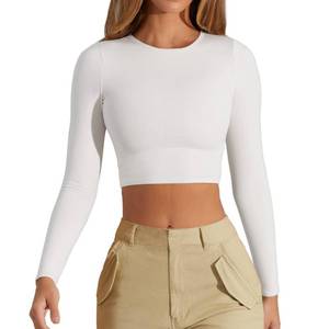 lot 4409 image: CUHUDA Womens Sexy Crew Neck Crop Top Long Sleeve Basic Fitted Tight Cropped T Shirts White Small