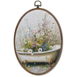 lot 4417 image: FLAWAFLOMA Vintage Bathroom Oval Wall Art Decor, Retro Floral Bathtub Canvas Wall Art Framed, Retro Botanical Cottagecore Hanging Decorations for Bathroom Washroom Decor, 11.4x8.6 Inch