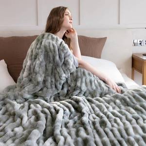 lot 5597 image: blunique Faux Fur Throw Blanket �� Ultra Soft & Fluffy Ruched Design Cozy Tie-Dye Gray Decorative Blanket for Couch or Bed, 50in.x60in., Tie-Dyed in Gray