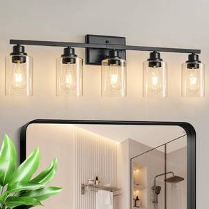 lot 5619 image: Unicozin Modern Bathroom Light Fixtures, 5 Light Vanity Lights Over Mirror, Black Wall Lamp with Clear Glass for Living Room Cabinet Bedroom Porch