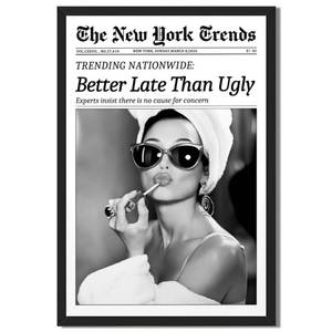 lot 5636 image: Framed Better Late Than Ugly Wall Decor Vintage Newspaper Wall Art Black and White Fashion Poster Audrey Hepburn Chic Decor New York Trends Glam Quote Canvas Print for Bedroom Bathroom Dorm 12x16inch