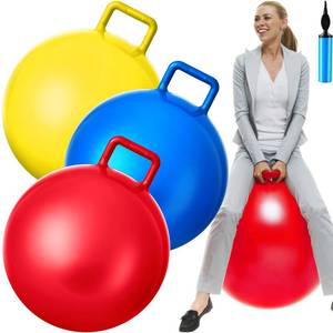 lot 5646 image: Lewtemi 3 Pcs Hopper Ball Jumping Hopping Ball, Exercise Ball Bouncing Ball with Handle and Air Pump for Outdoors Sports School Games Exercise (22 Inch,Red, Blue, Yellow)