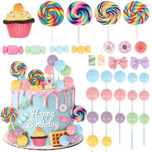 lot 6322 image: Hooqict 33Pcs Candy Cake Decorations with Lollipop Cupcake Donut Candy Cake Topper for Kids Girls Candyland Christmas Party Decorations Colorful Sweet Birthday Party Supplies