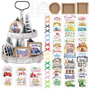 lot 6331 image: 48 Pcs Interchangeable Seasonal Tiered Tray Decor Set Farmhouse Patriotic Summer Tiered Decoration Include Wood Frames with Ladders Card Bow Knot Tray Not Included(Lovely Color,Holiday)