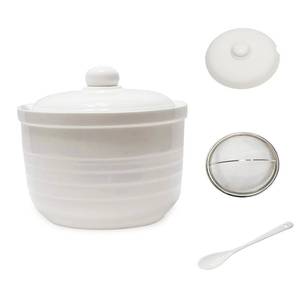 lot 6386 image: MaoYaMao Ceramic Bacon Grease Container with Stainless Steel Strainer,Cooking Oil Storage Can 17oz(White)