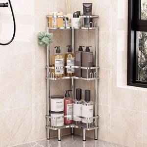 lot 9620 image: WOCUBEHOME Standing Shower Corner Caddy, 3-Tier Stainless Steel Material Shower Organizer with 12 Hooks - Space Saving Corner Shelf with Adjustable Feet for Bathroom, Compact Spaces(Sliver, 3 Tiers)
