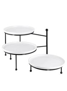 lot 13991 image: Yedio 3 Tiered Serving Stand with White Porcelain Plates, 10in. Round Tray, Dessert Table Display Set, Round Dishes with Black Metal Display Stand for Veggie, Fruit, Cookies, Black
