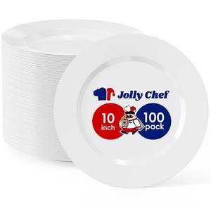lot 13992 image: JOLLY CHEF 100 Pieces White Plastic Plates-10 Inch Elegant Disposable Plastic Plate, Disposable White for Weddings,Parties,Christmas,Birthdays and Events