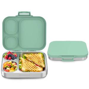 lot 14302 image: Howeemo Stainless Steel Bento Box Kids, Leak Proof Metal Bento Lunch Box,3 Compartments 304 Stainless Steel Bento Lunch Containers for School and Office, BPA-Free(Green)