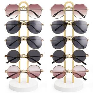 lot 14313 image: Mkono Sunglasses Organizer Glasses Holder Stand Sunglass Storage Eyeglasses Rack Metal Frame with Wood Base for 5 Pairs of Eyewear Display for Table Desk Countertop Dresser Bedroom, Set of 2, Gold
