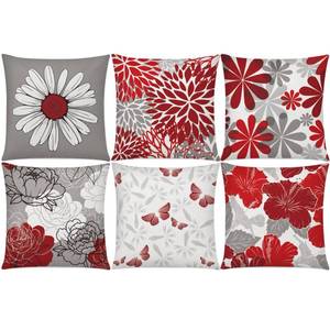 lot 14326 image: COMMINY Red Grey Pillow Covers 18x18 Set of 6 Decorative Burgundy Daisy Throw Pillow Cover for Couch Modern Farmhouse Cushion Pillow Case for Living Room Patio Home Decor