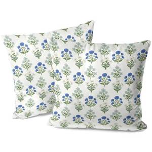 lot 14332 image: Yobvec Block Print Throw Pillow Covers 18x18 Inch, Spring Floral Decorative Pillow Cases, Blue Green White Couch Cushion Covers, Set of 2
