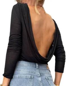 lot 14347 image: TUWIXIUW Women Open Back Shirt Long Sleeve Backless Boat Neck Blouse Going Out Workout Outfit Y2k Aesthetic Low Back Blouse (Black, XL)