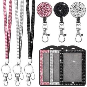 lot 14353 image: 9 in 3 Sets 3 Color Upgraded Rhinestone Lanyard for ID Badges for Women Cute, Bling Mom Lanyards for ID Badges Teacher ID Card Holder Crystal Retractable Badge Reel for Student Kids